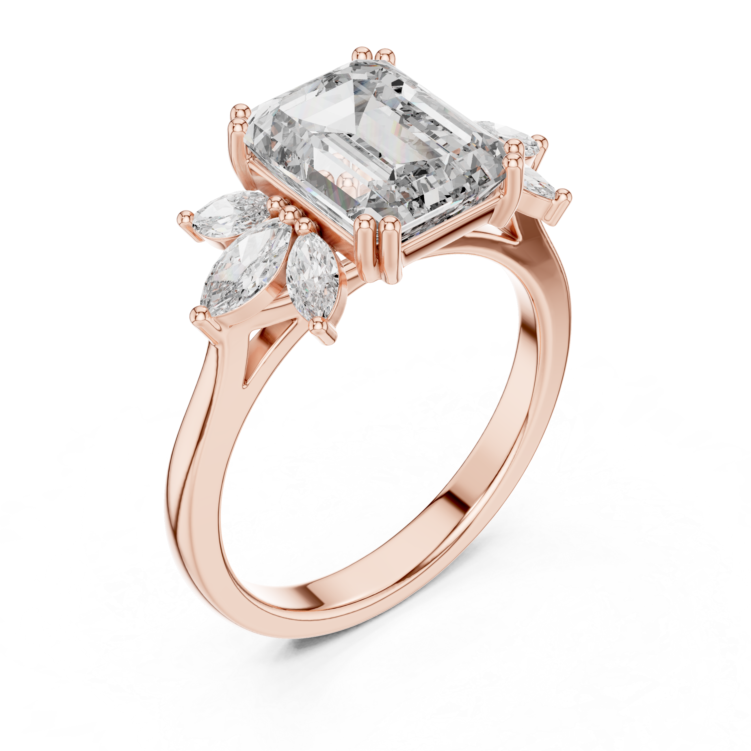 Emerald Cut Diamond Floral Engagement Ring