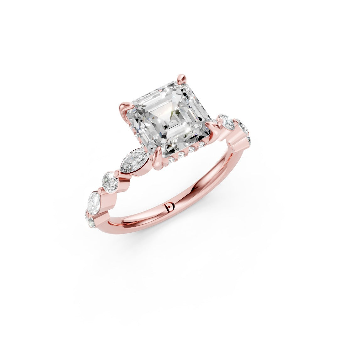 Asscher Cut Diamond Alternating Round And Marquise Engagement Ring