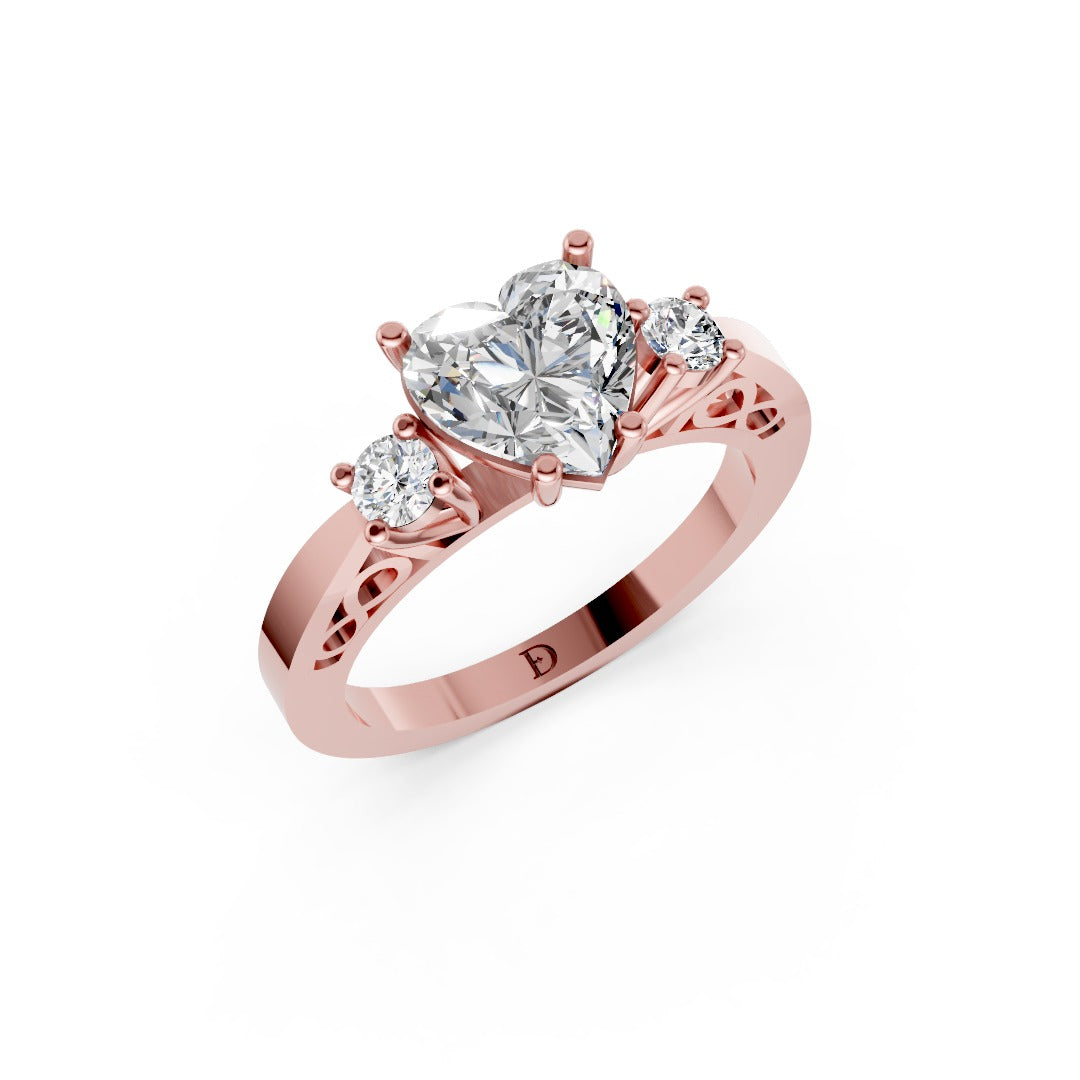 Three-Stone Heart Cut Diamond With Filigree Infinity Band Ring