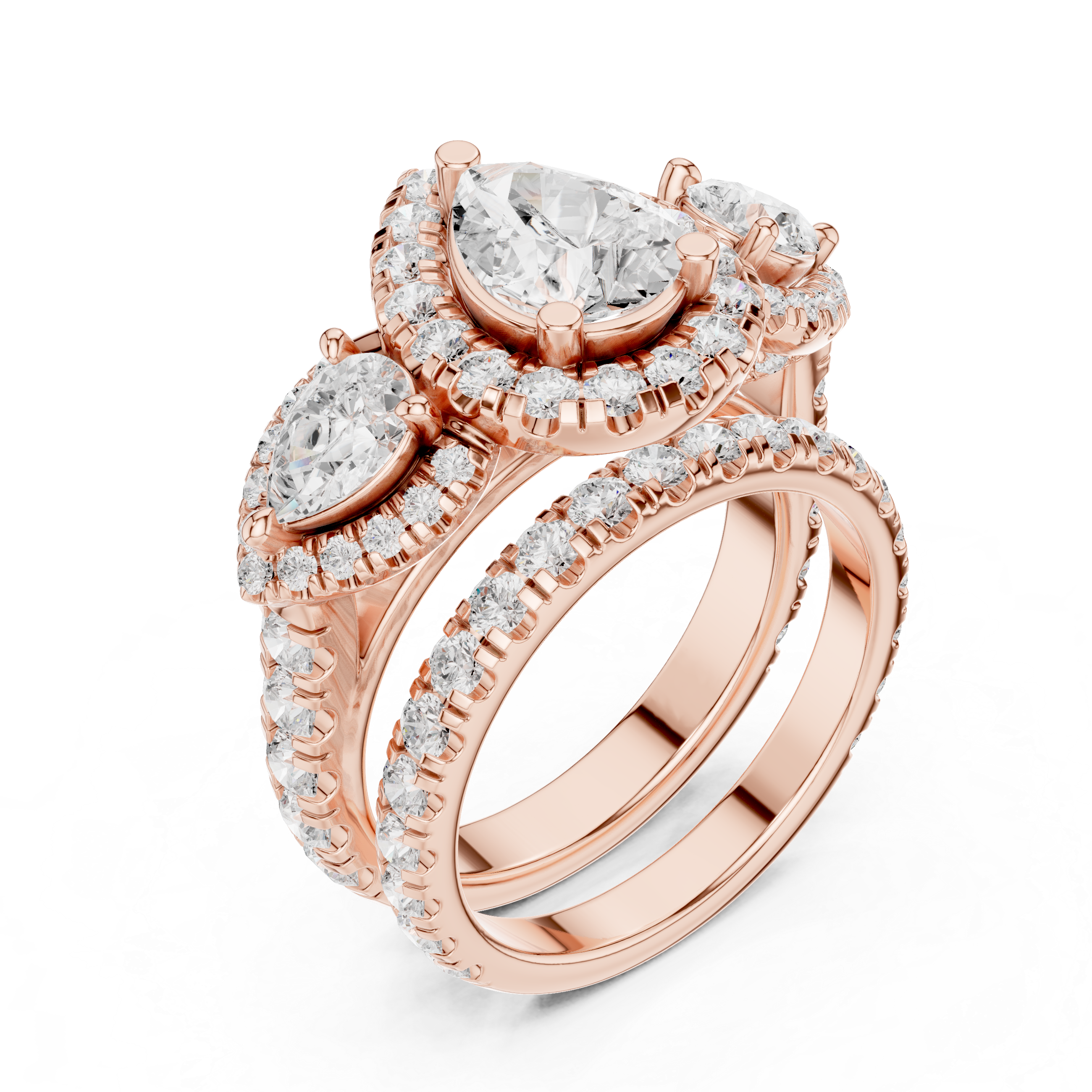 Pear Cut Three Stone Halo Diamond Bridal Ring