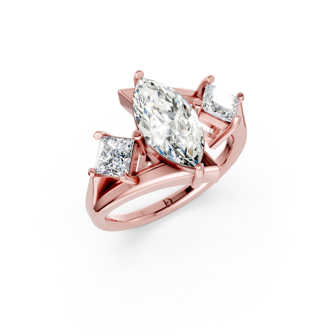 Marquise and Princess Cut Diamond Three-Stone Bypass Ring