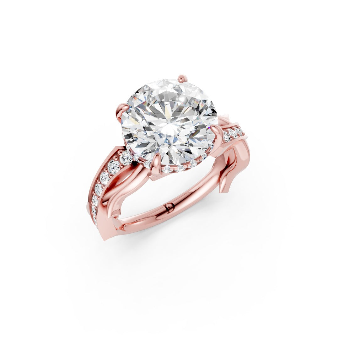 Nature Inspired Round Diamond Hidden Halo Criss-Cross Shank Ring