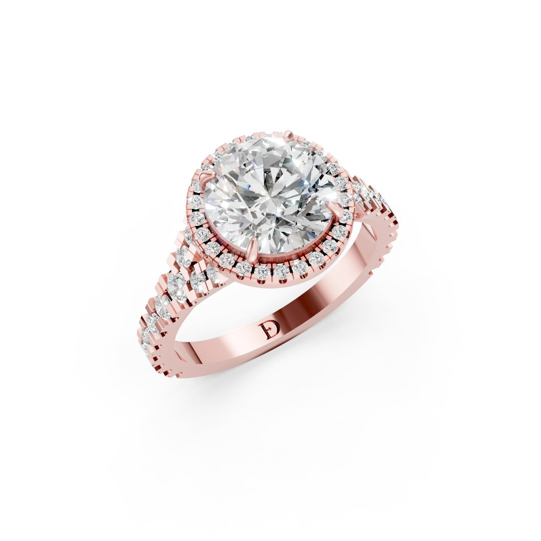 Round Cut Halo & V-Split Shank Pavé Diamond Ring