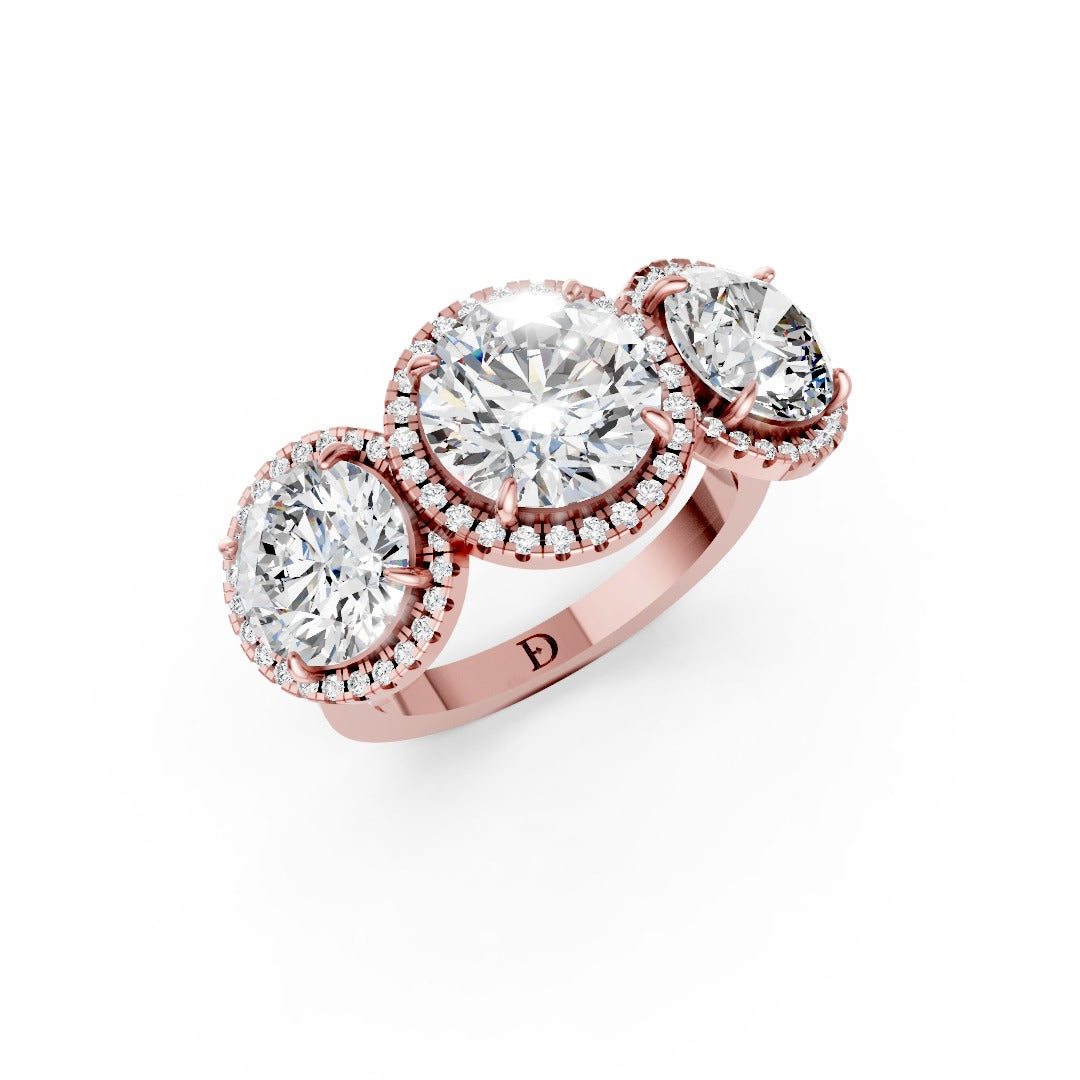 Three Stone Round Cut Diamond Halo Engagement  Ring