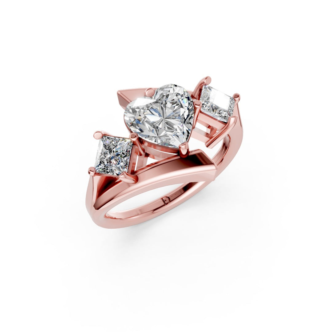 Heart and Princess Cut Diamond Three-Stone Bypass Ring