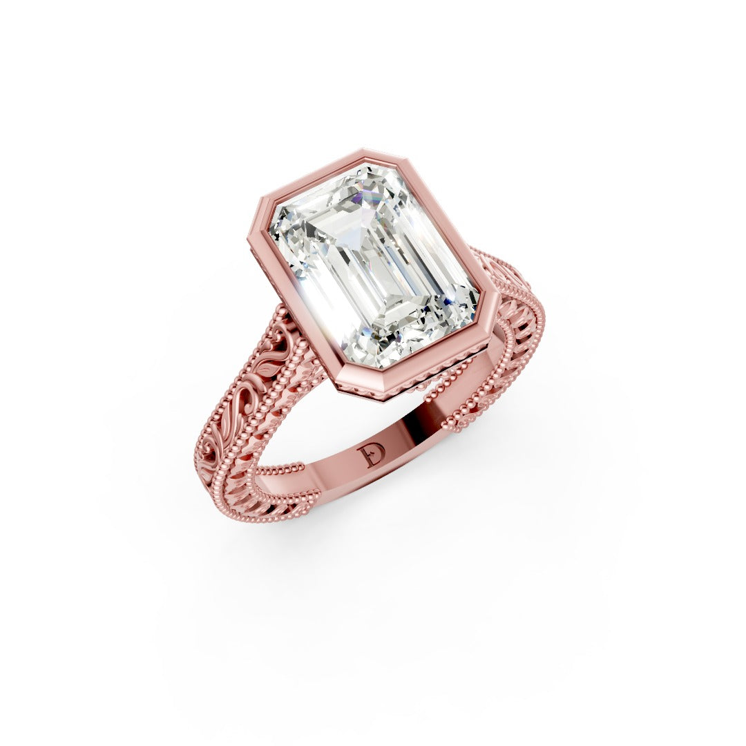 Emerald Cut Bezel Set Filigree Engagement Ring
