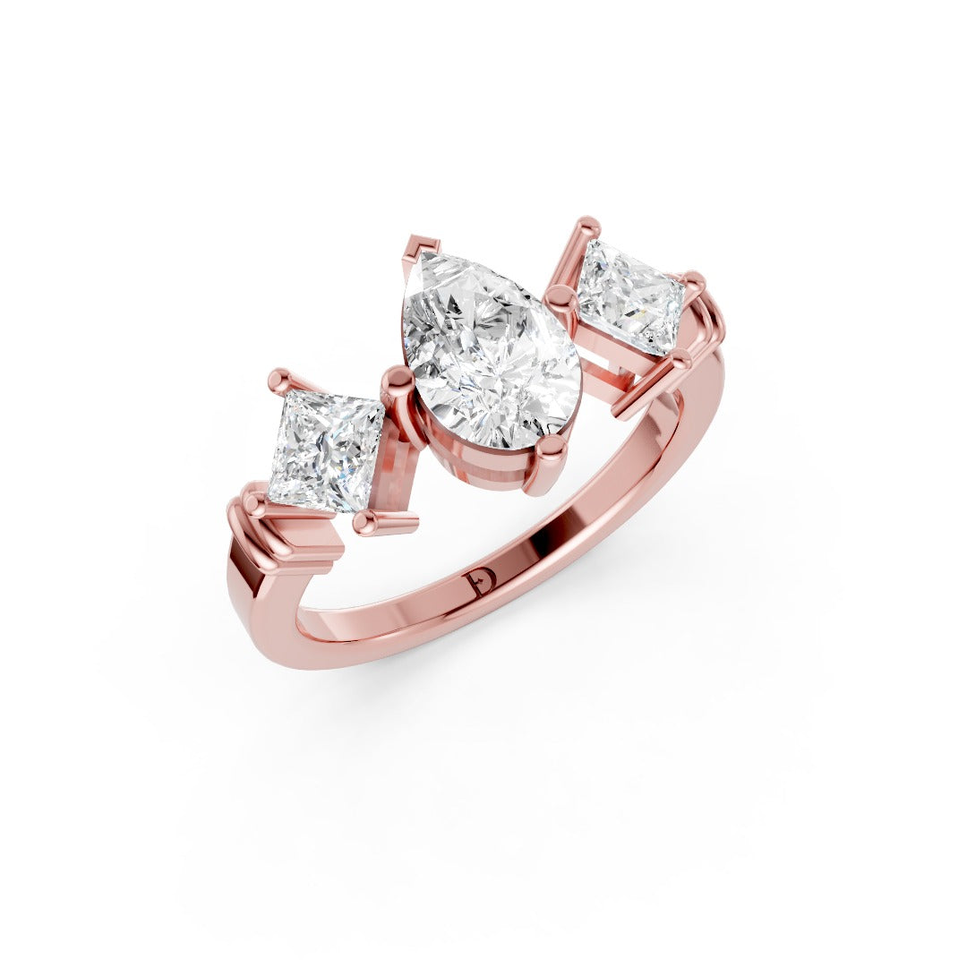 Pear Cut and Princess Cut Diamond Three-Stone Ring