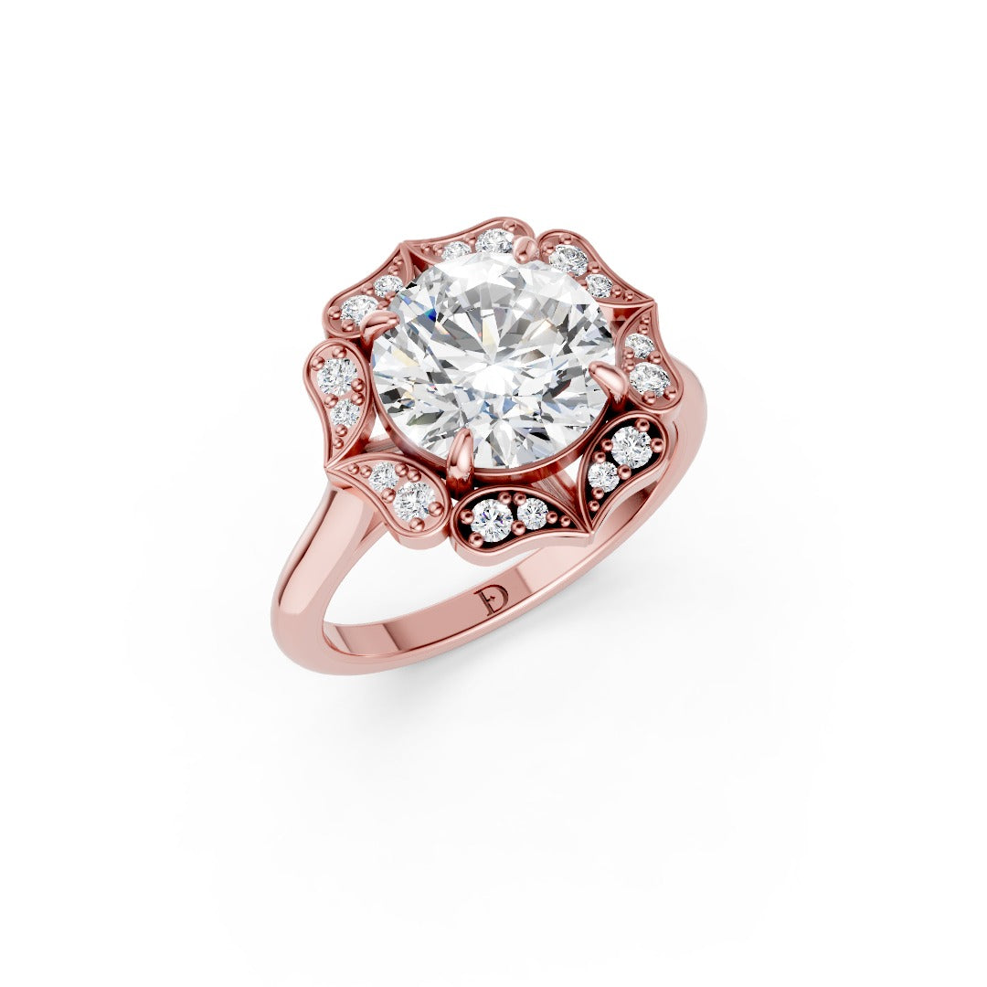 Round Cut Diamond Floral Halo Cathedral Shank Ring