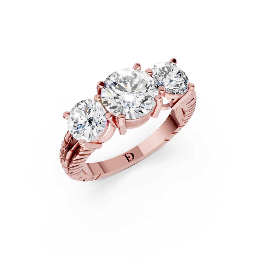 Round Cut Three-Stone With Ribbed Textured Band Ring