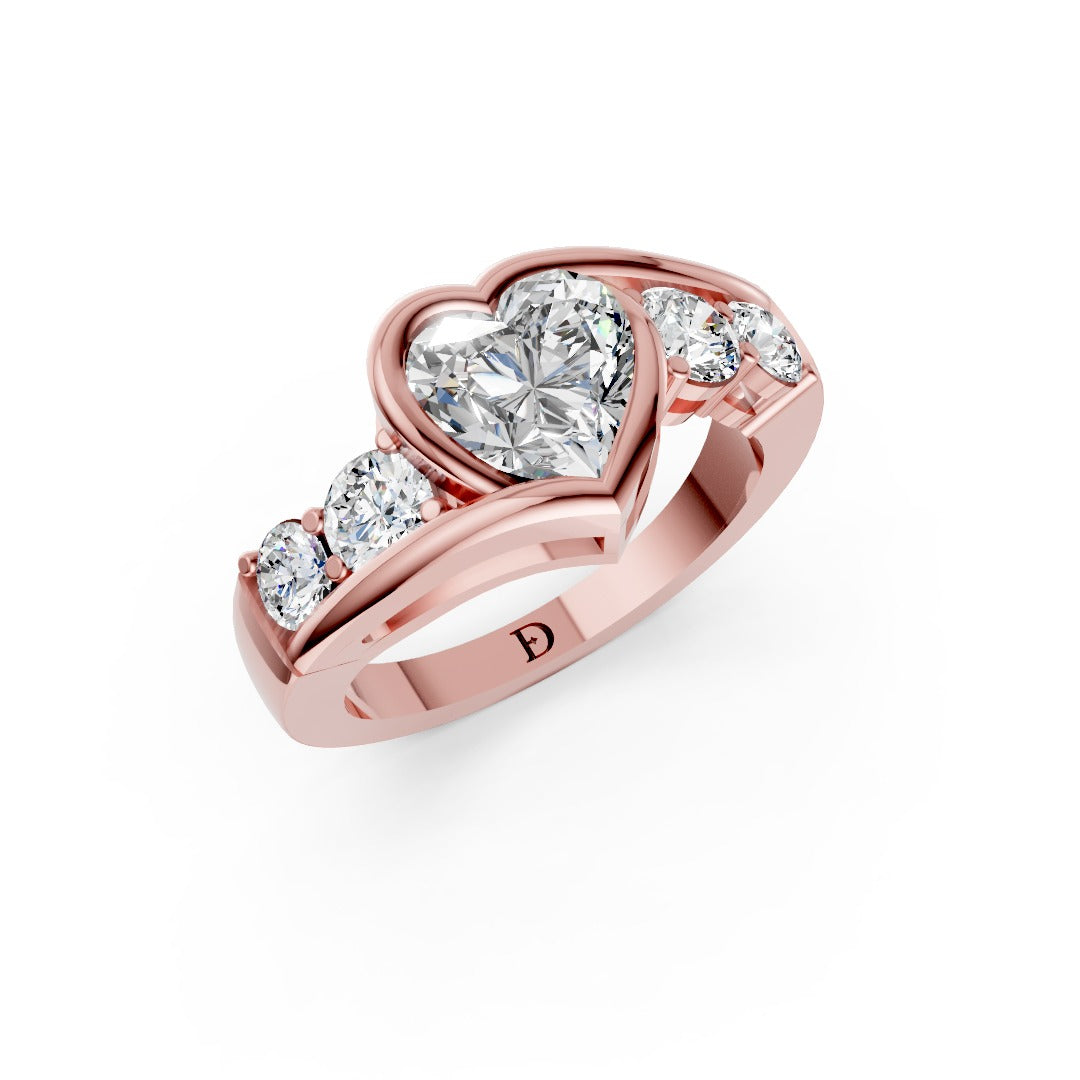 Unique Five-Stone Heart And Round Diamond Ring