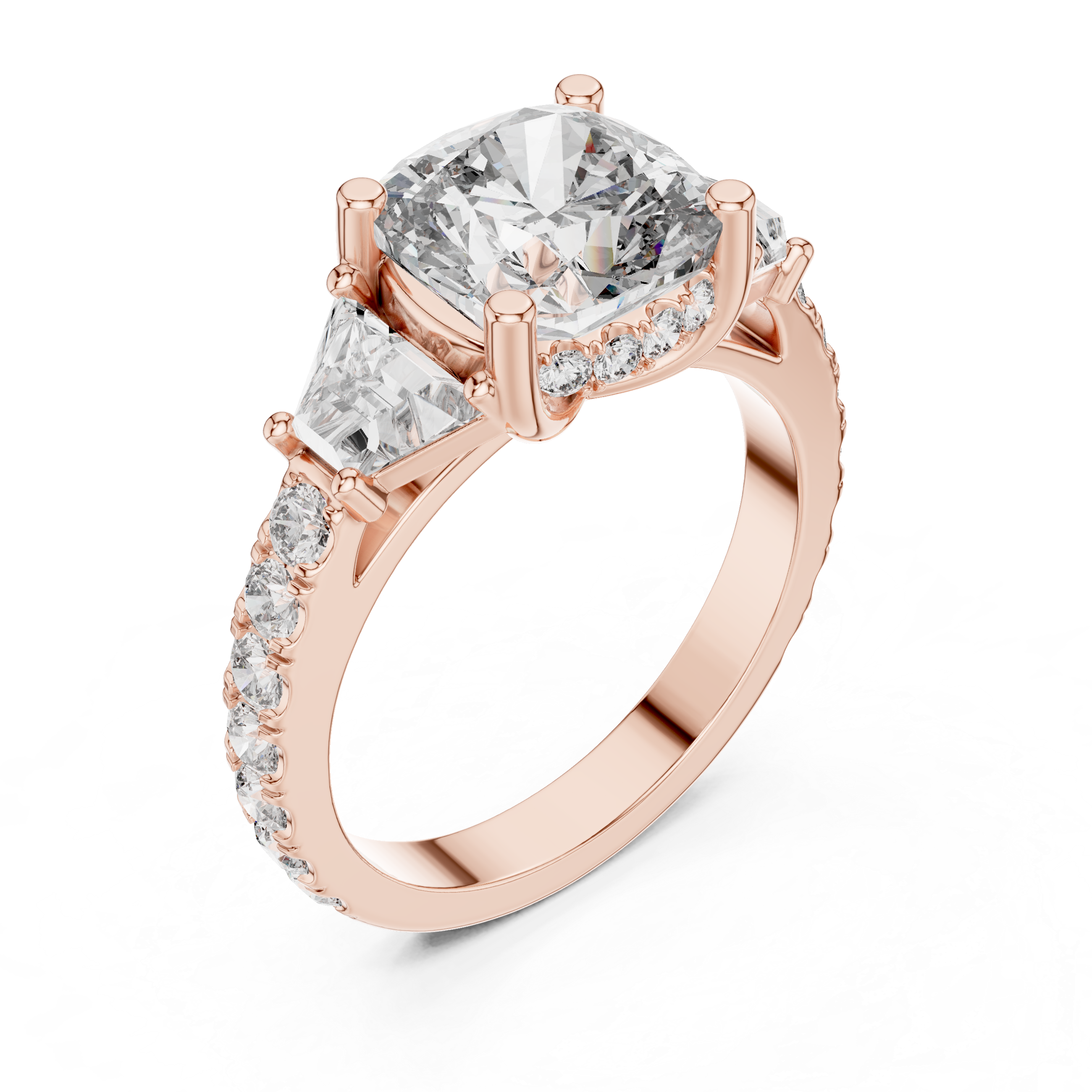 Three Stone Cushion Diamond Ring With Pave Band