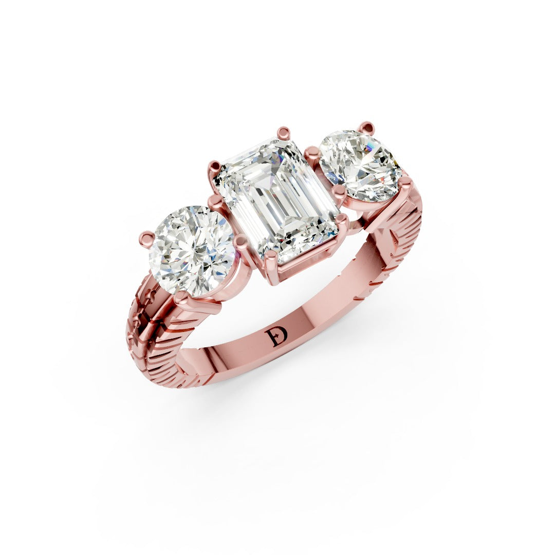 Emerald Cut Three-Stone With Ribbed Textured Band Ring