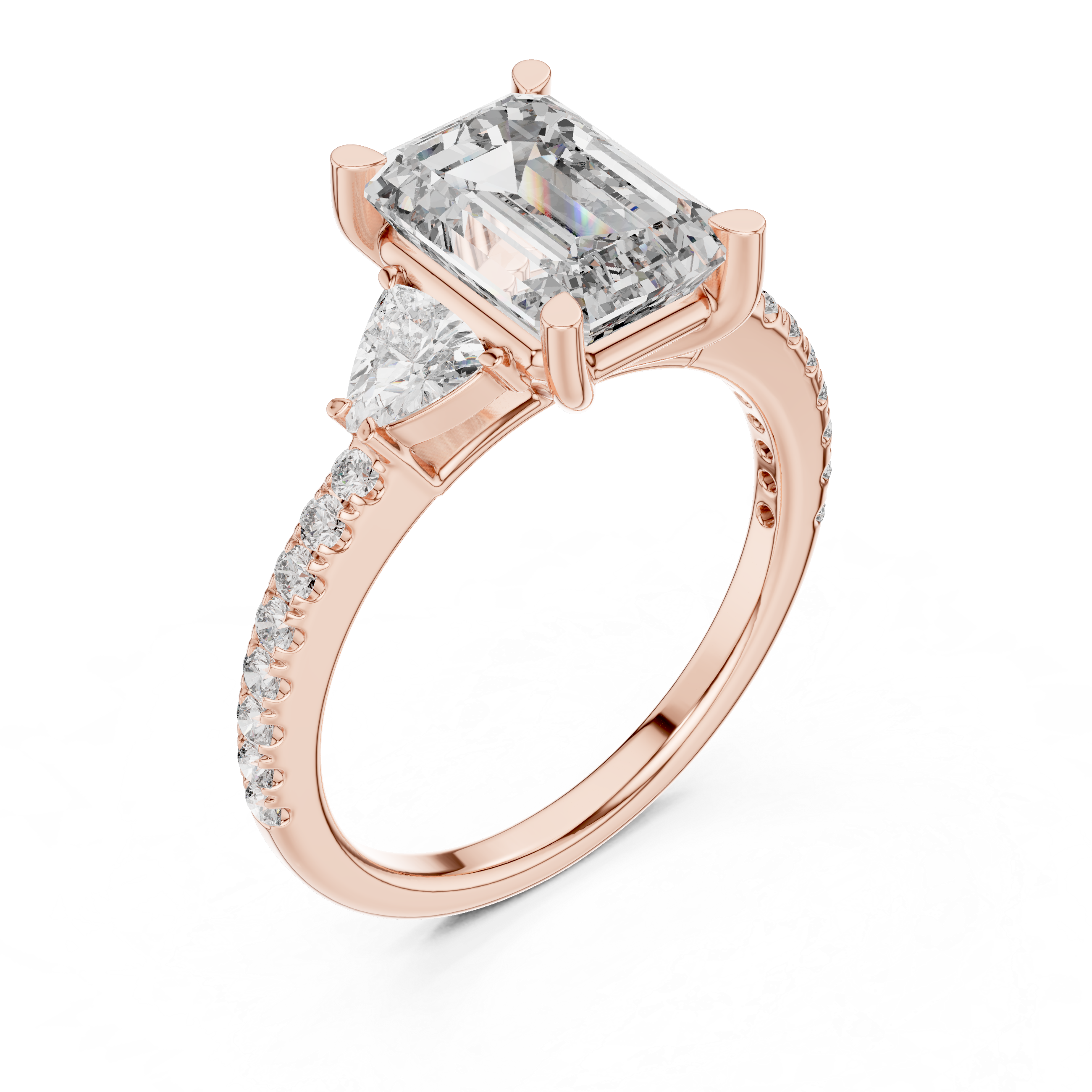 Emerald Cut Lab Grown Diamond Three Stone Trillion Ring