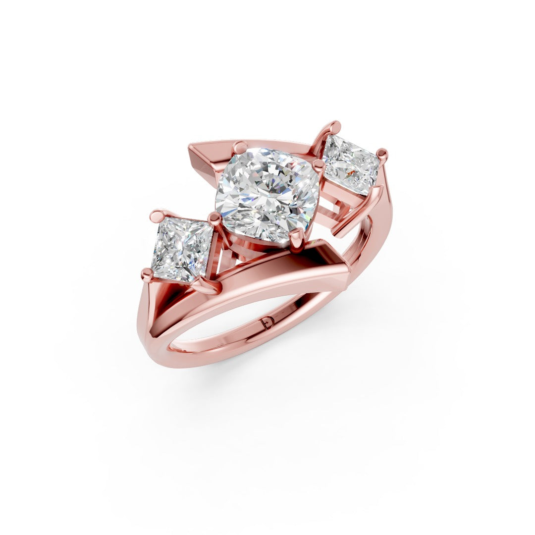 Cushion and Princess Cut Diamond Three-Stone Bypass Ring