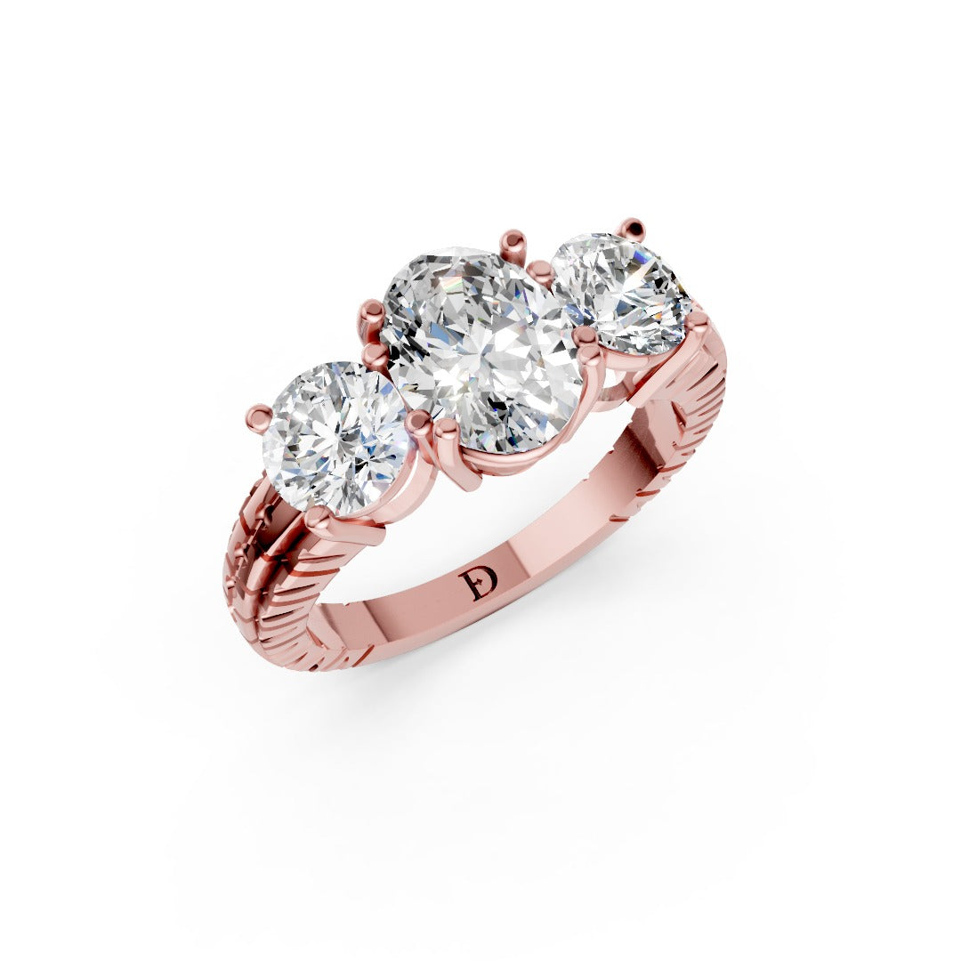 Oval Cut Three-Stone With Ribbed Textured Band Ring