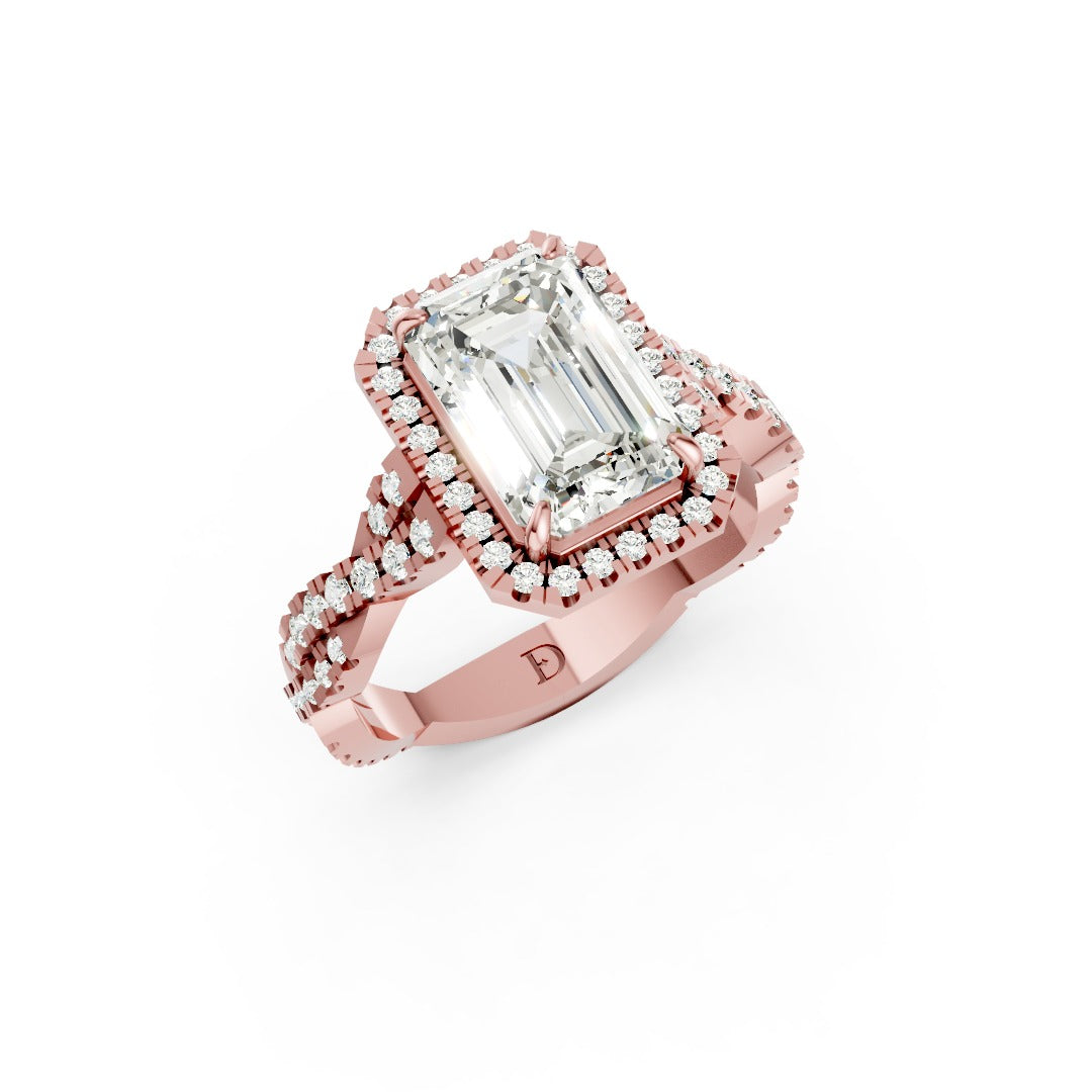 Emerald Cut Diamond Halo with Twisted Pave Ring