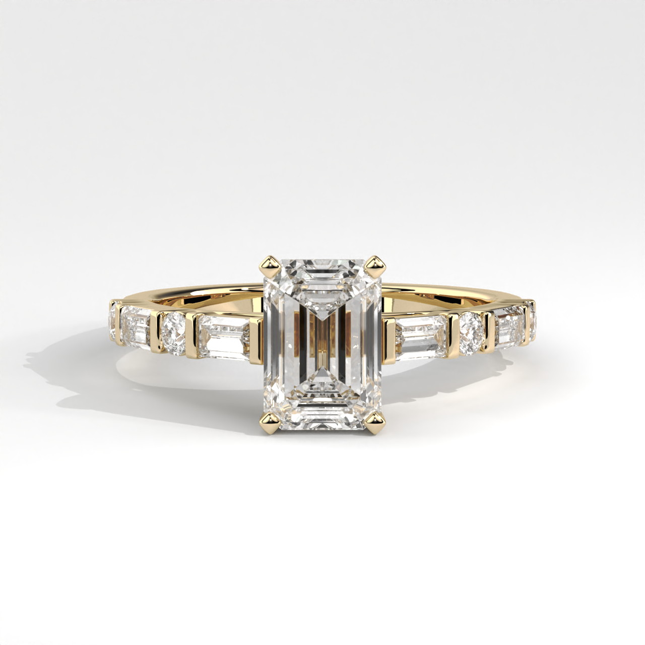 Emerald Cut Anniversary Ring With Alternating Baguette & Round Diamond Accents