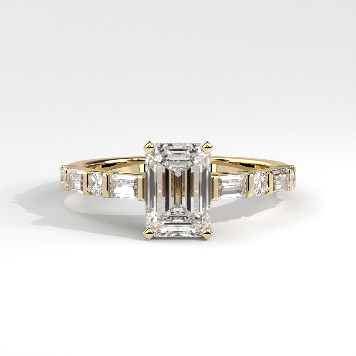Emerald Cut Anniversary Ring With Alternating Baguette & Round Diamond Accents