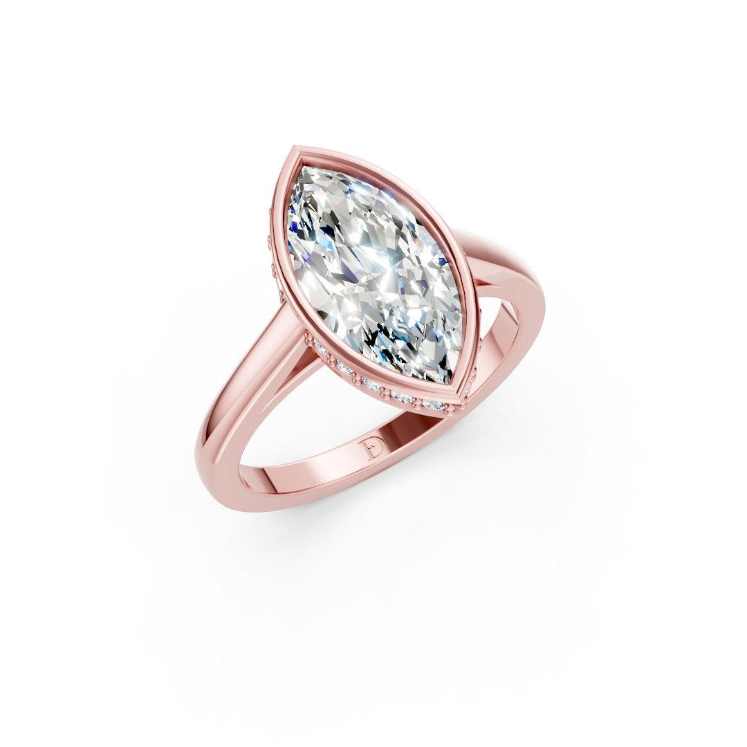 Bezel Set Marquise Brilliant Solitaire Diamond Hidden Halo Engagement Ring