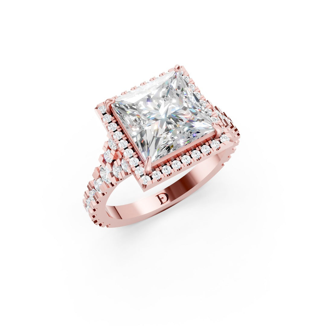 Princess Cut Halo & V-Split Shank Pavé Diamond Ring