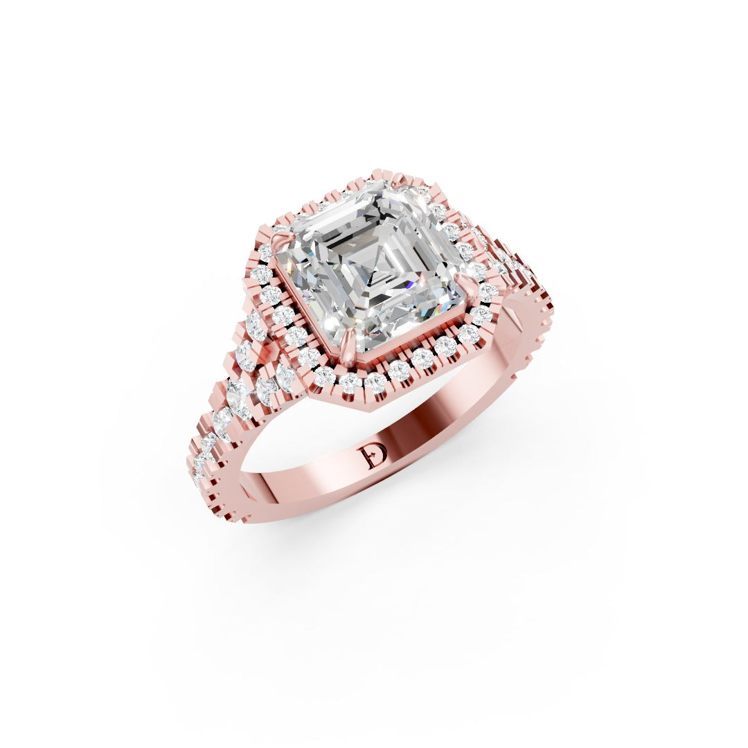 Asscher Cut Halo & V-Split Shank Pavé Diamond Ring