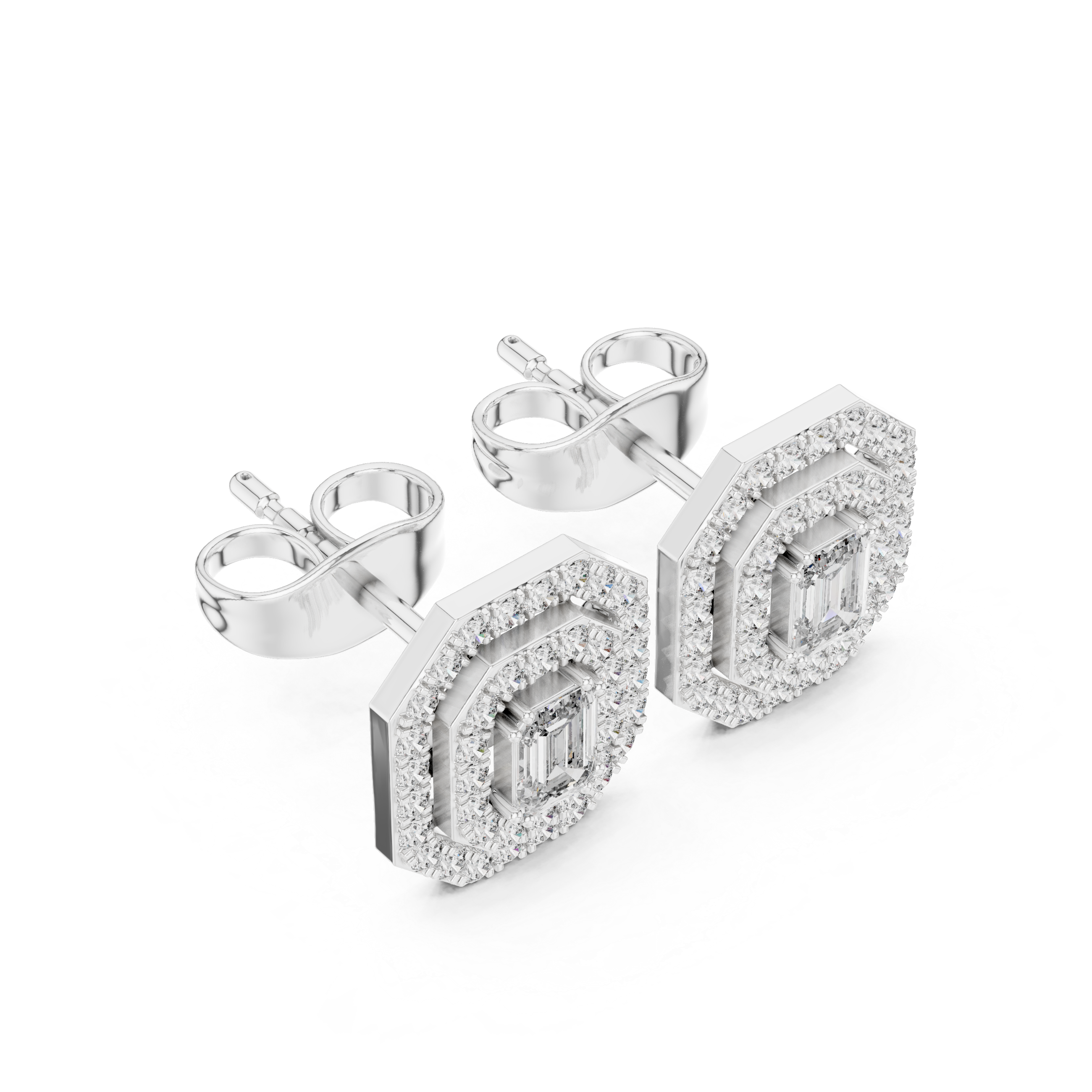 Emerald Cut Diamond Double Halo Stud Earrings