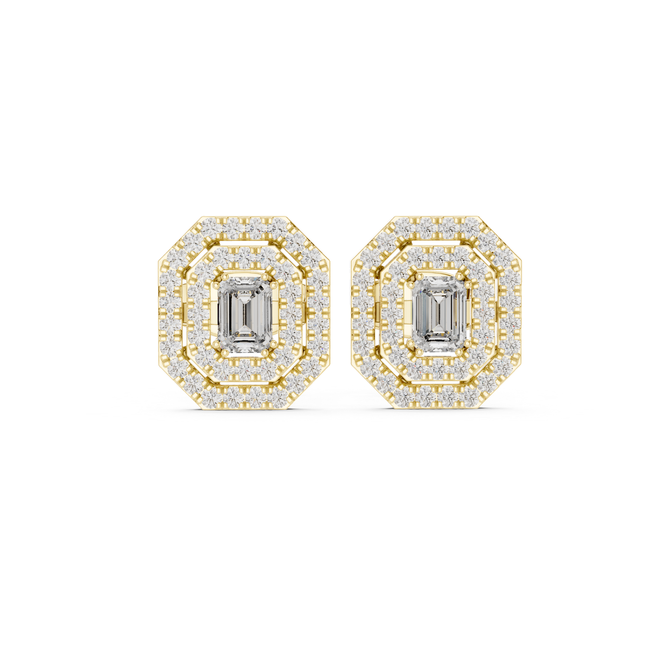 Emerald Cut Diamond Double Halo Stud Earrings
