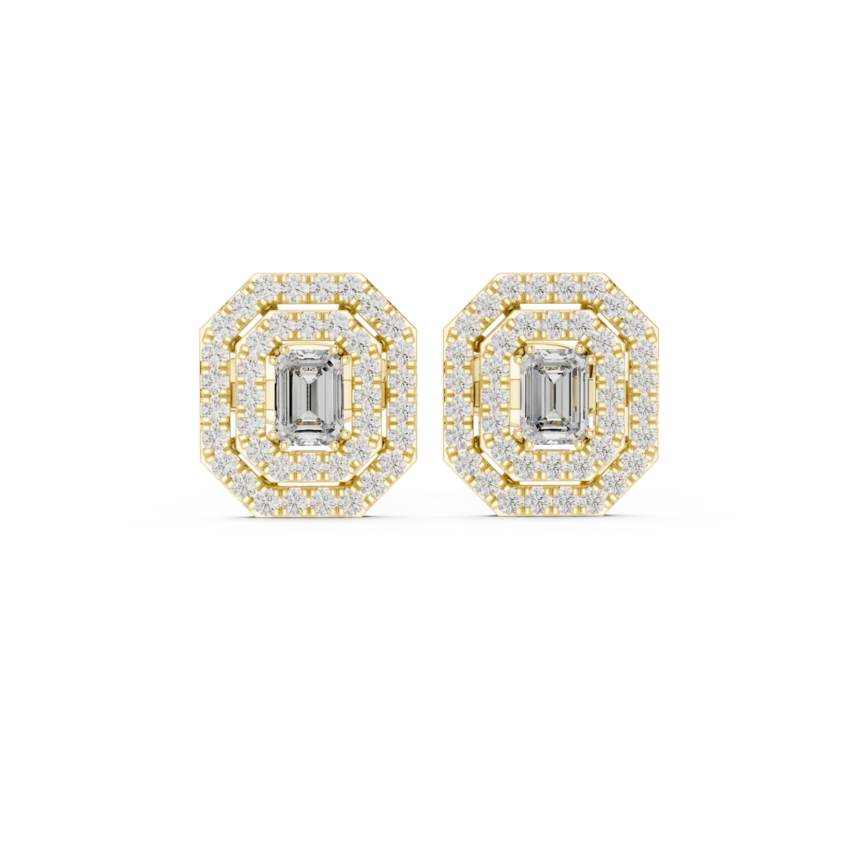 Emerald Cut Diamond Double Halo Stud Earrings