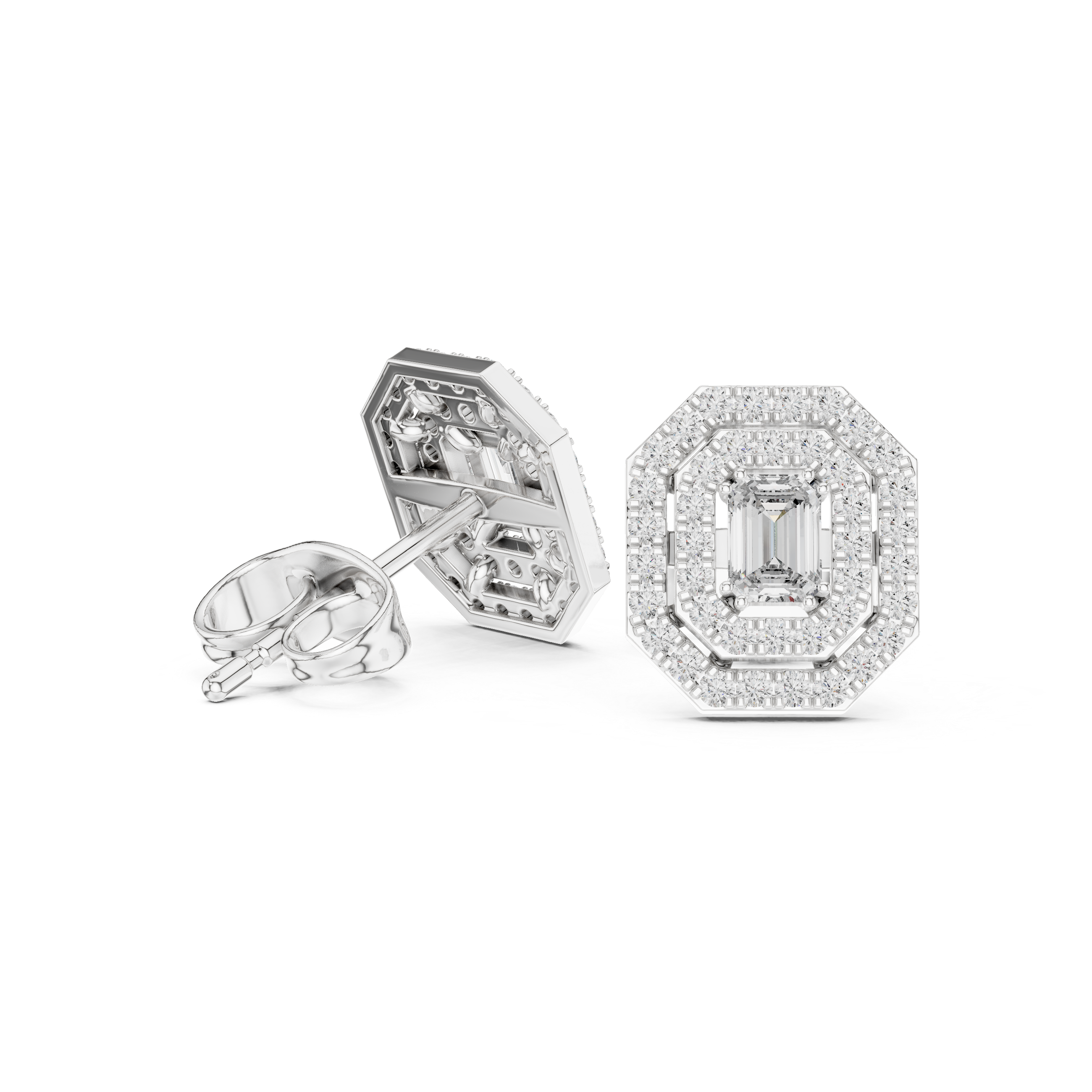 Emerald Cut Diamond Double Halo Stud Earrings