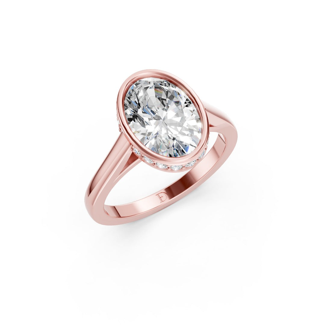 Bezel Set Oval Brilliant Solitaire Diamond Hidden Halo Engagement Ring