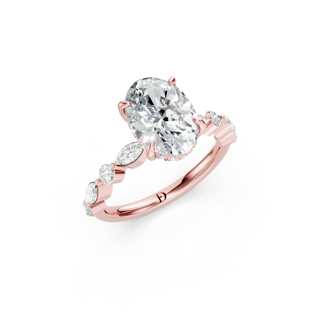 Oval Cut Diamond Alternating Round And Marquise Engagement Ring