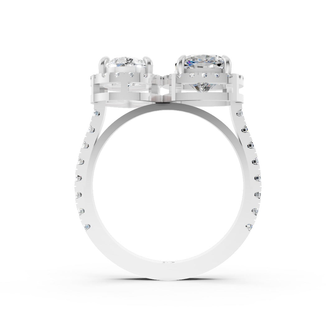 You And Me Pear And Cushion Diamond Cathedral Shank Ring