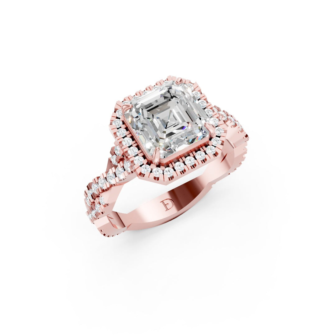 Asscher Cut Diamond Halo with Twisted Pave Ring