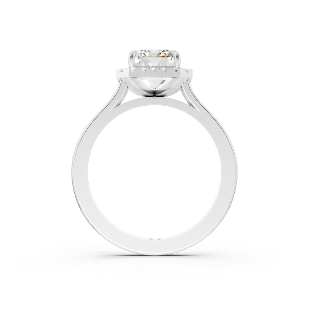 Emerald Brilliant Cut Halo Diamond Cathedral Shank Ring