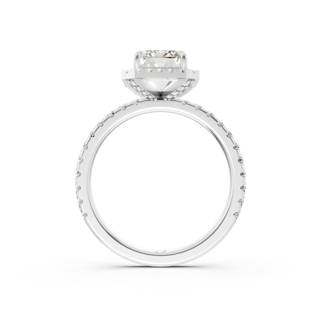 Lab Grown Emerald Diamond Halo Engagement Ring With Pave Set Band