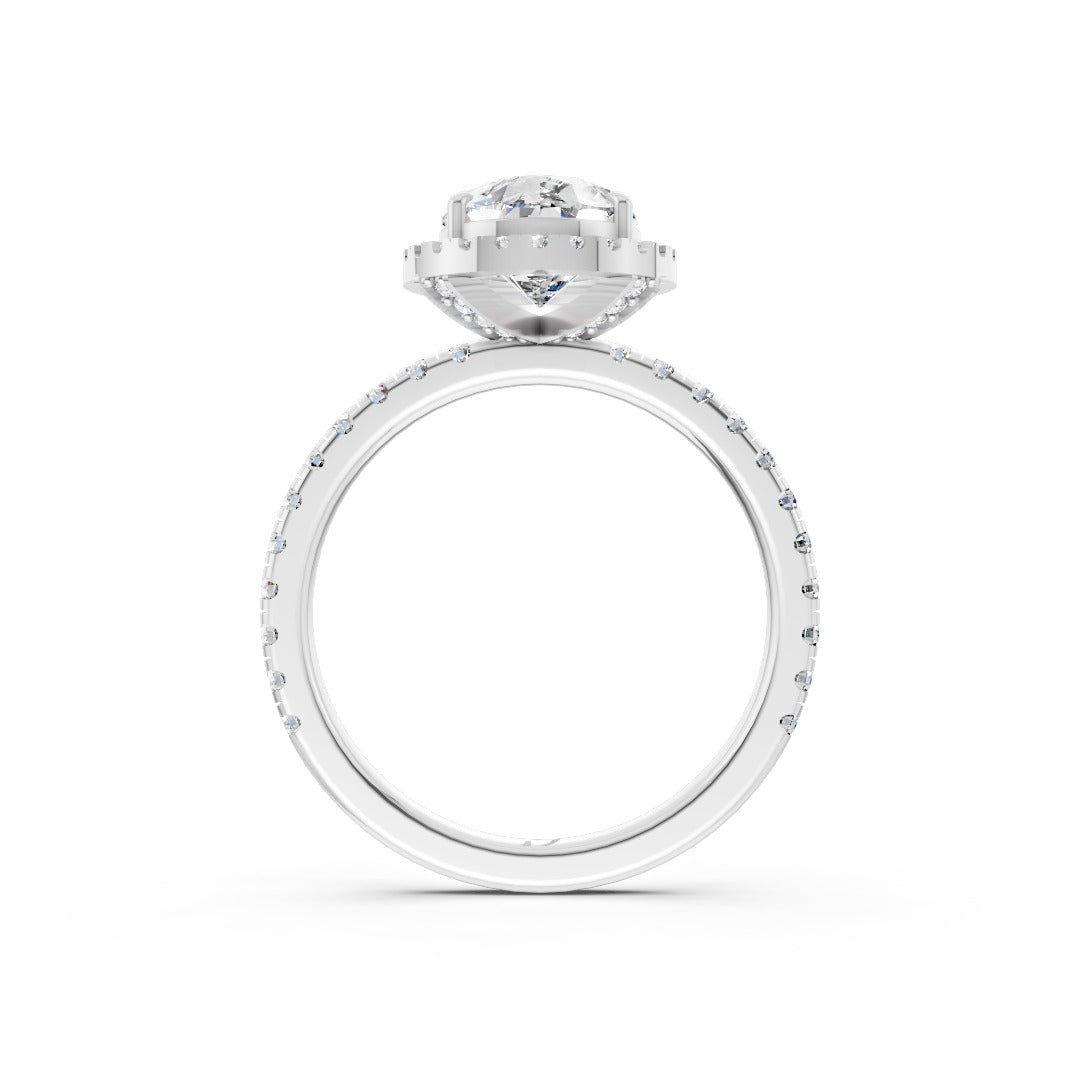 Lab Grown Pear Diamond Halo Engagement Ring With Pave Set Band