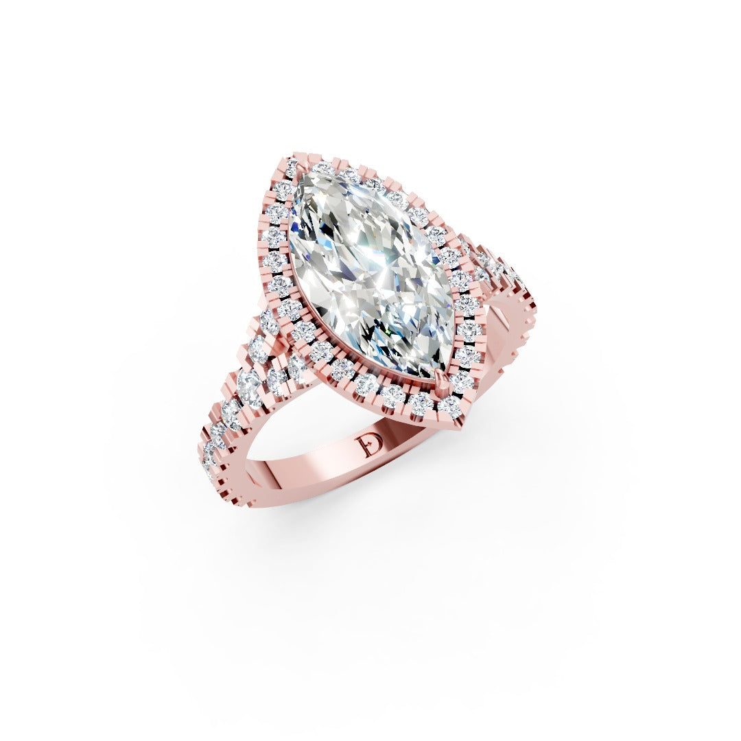 Marquise Cut Halo & V-Split Shank Pavé Diamond Ring