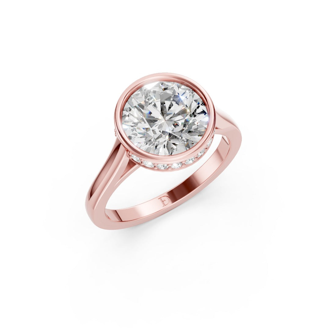 Bezel Set Round Brilliant Solitaire Diamond Hidden Halo Engagement Ring