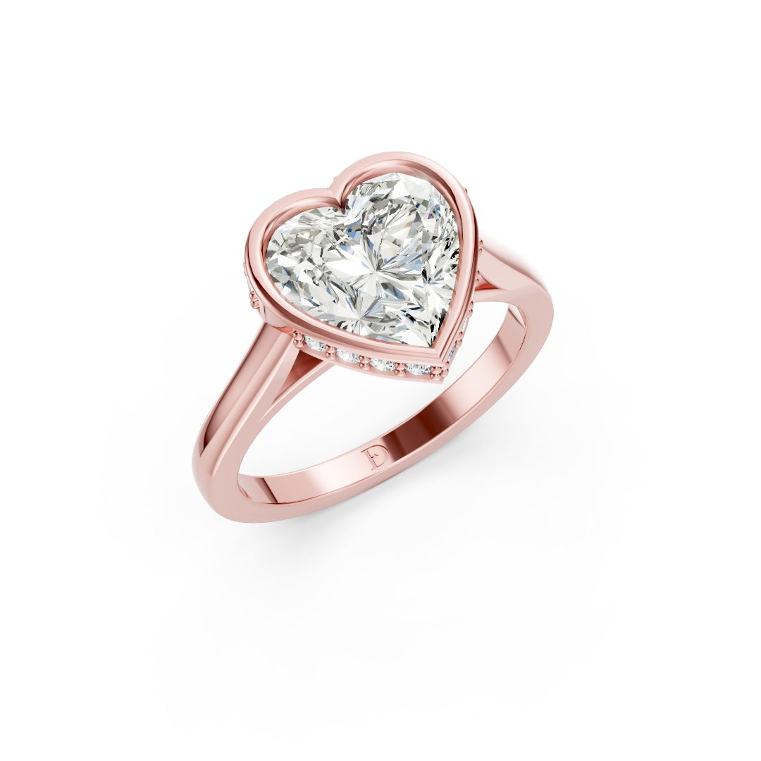 Bezel Set Heart Brilliant Solitaire Diamond Hidden Halo Engagement Ring