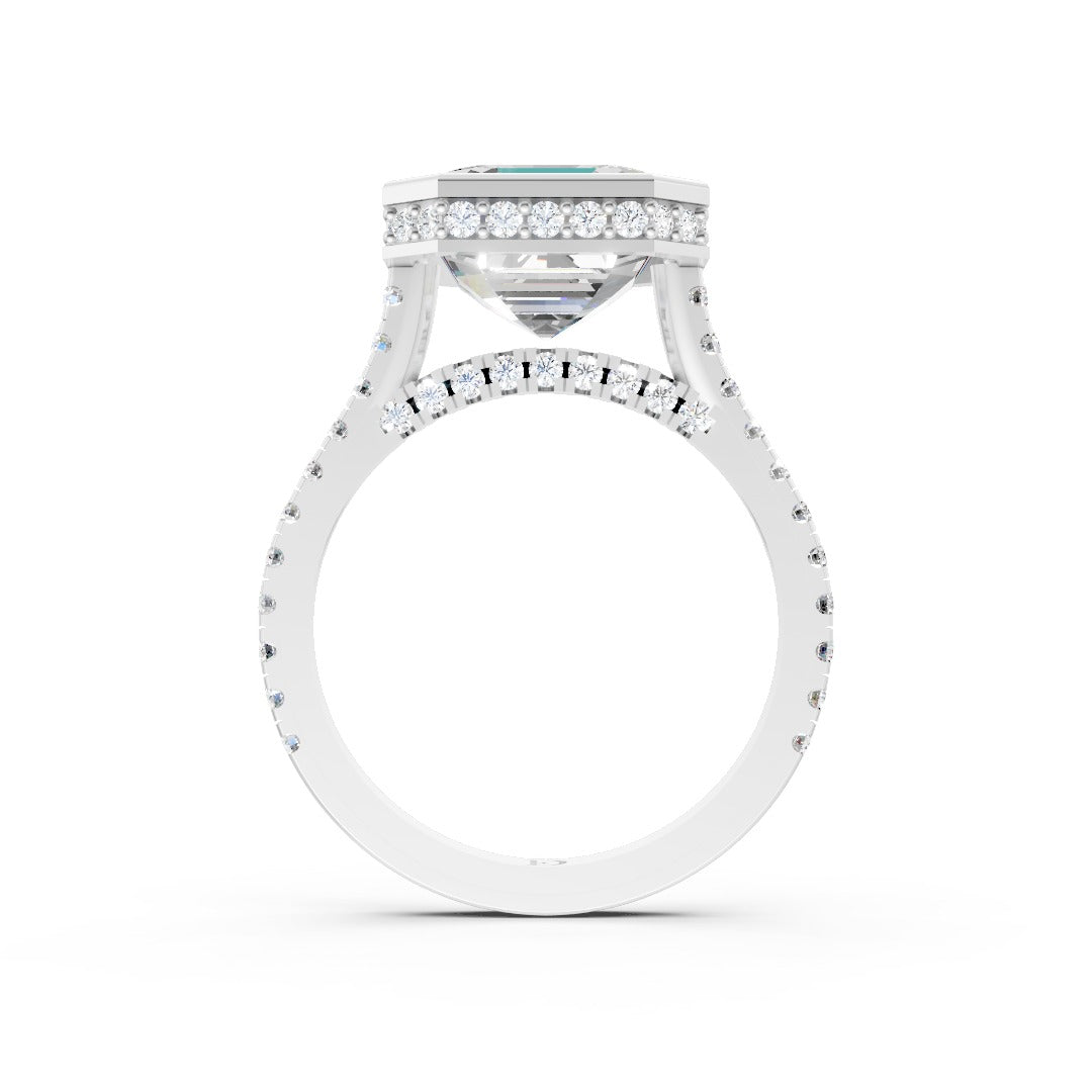 Asscher Brilliant Diamond Bezel Engagement Ring with Hidden Halo Diamond