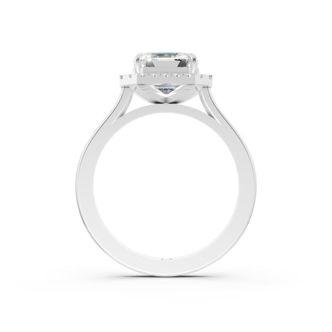 Asscher Brilliant Cut Halo Diamond Cathedral Shank Ring