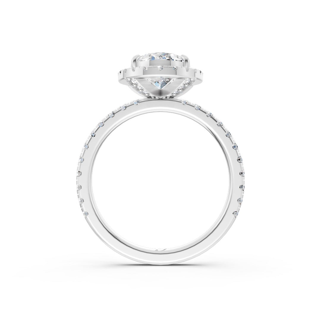 Lab Grown Oval Diamond Halo Engagement Ring With Pave Set Band