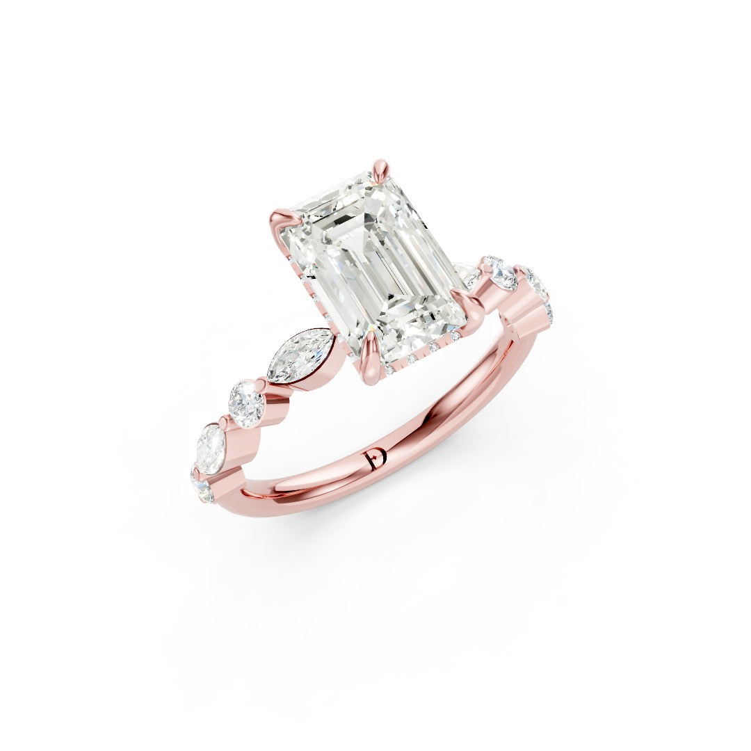 Emerald Cut Diamond Alternating Round And Marquise Engagement Ring