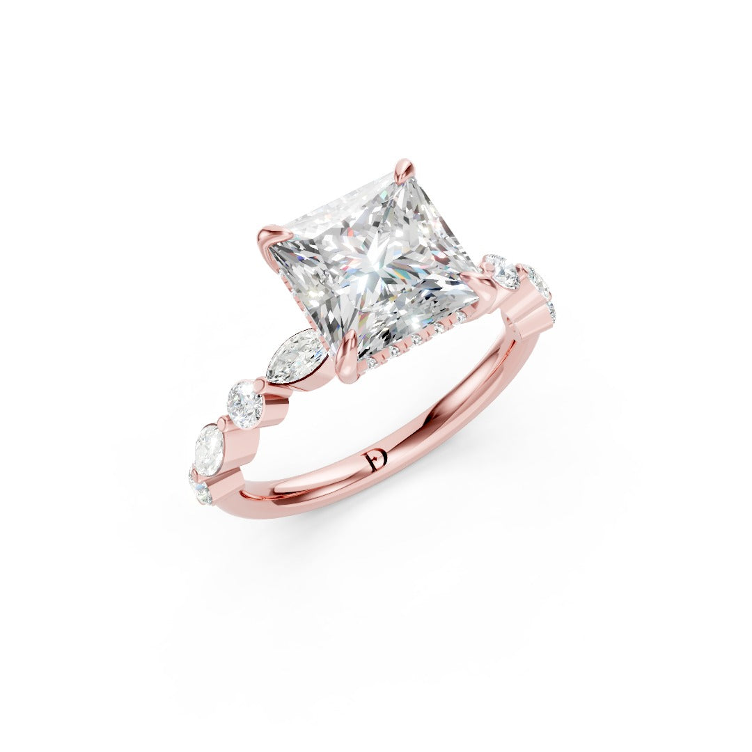 Princess Cut Diamond Alternating Round And Marquise Engagement Ring