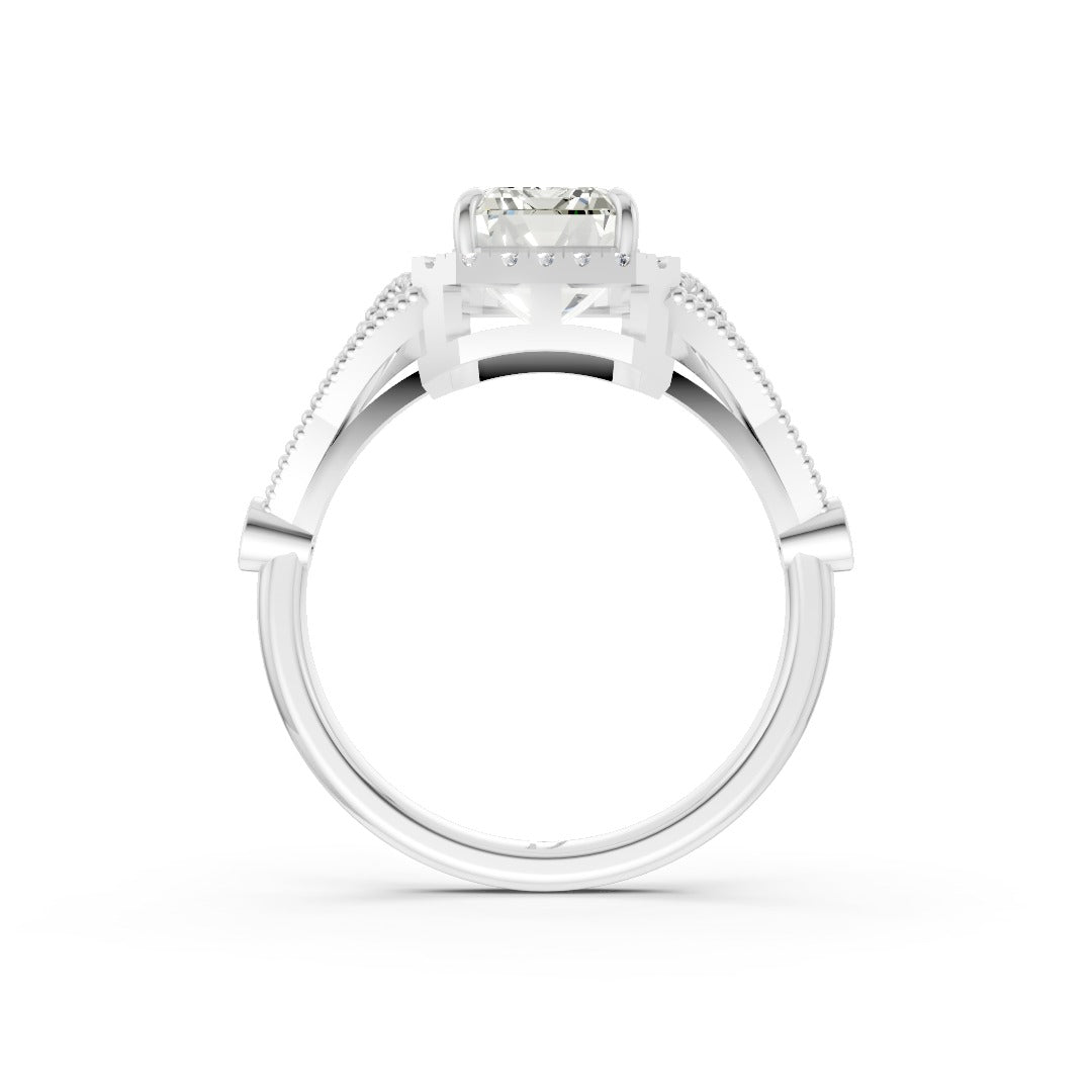 Vintage Inspired Emerald Cut Lab Diamond Milgrain Halo Wedding Ring