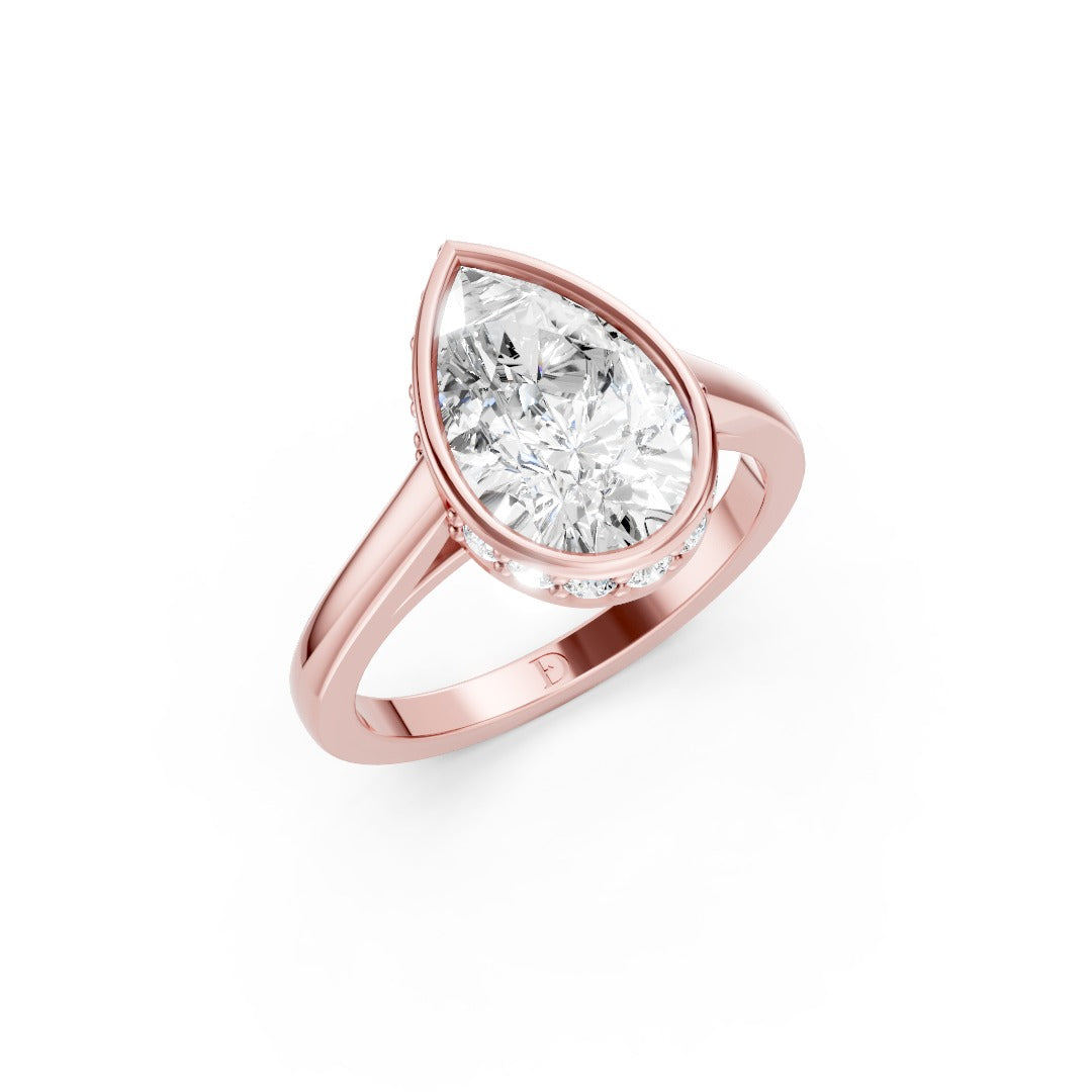 Bezel Set Pear Brilliant Solitaire Diamond Hidden Halo Engagement Ring