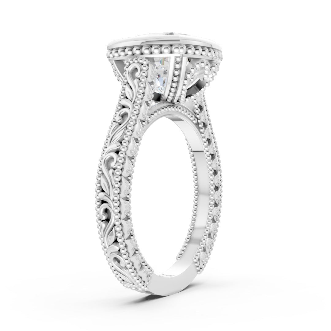Cushion Cut Bezel Set Filigree Engagement Ring