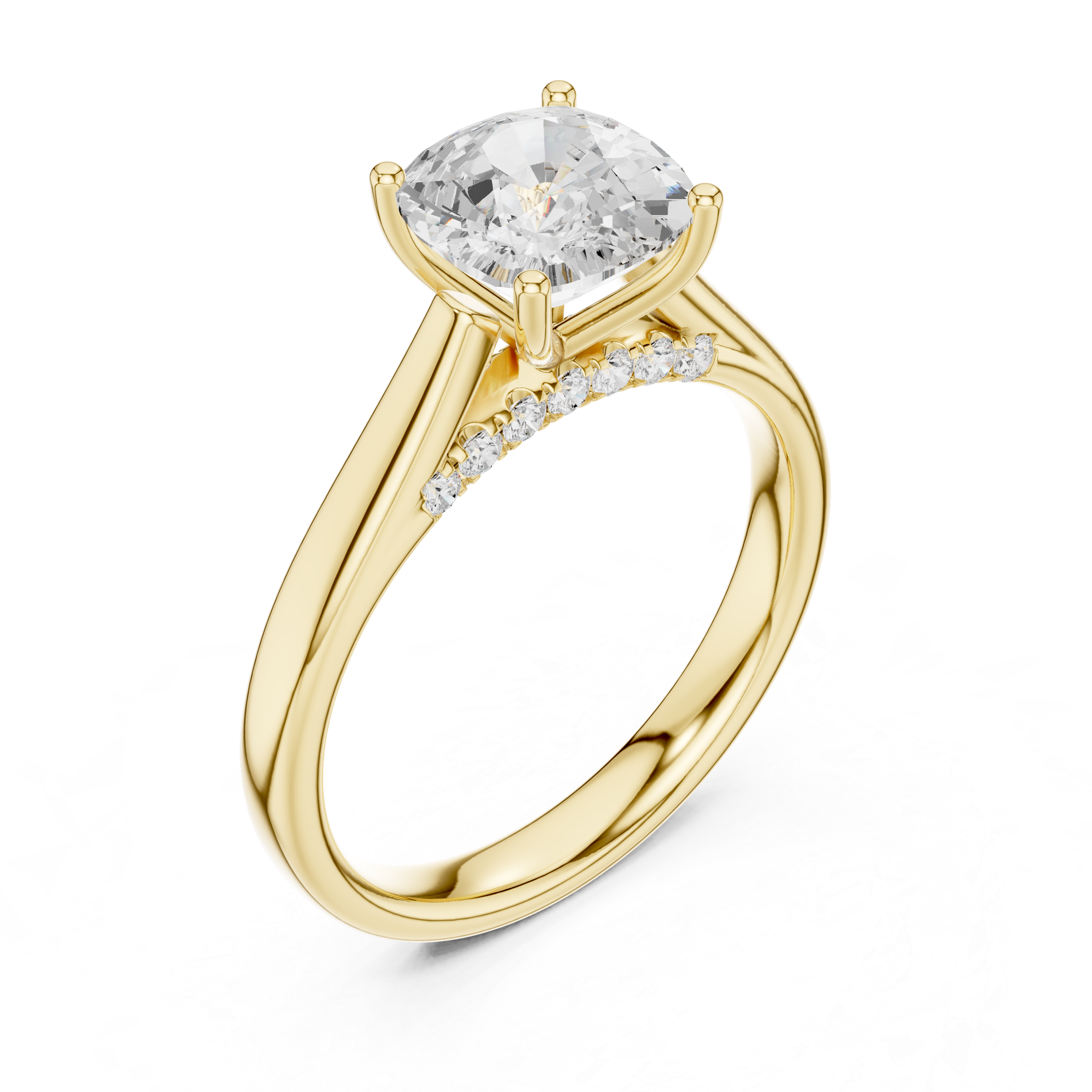 Cushion Cut Cathedral Solitaire  Ring With Hidden Pave Bridge