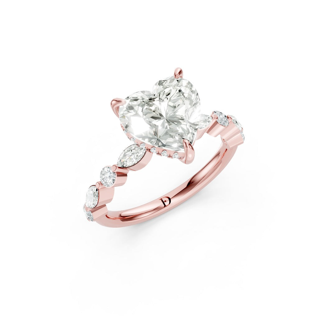 Heart Cut Diamond Alternating Round And Marquise Engagement Ring