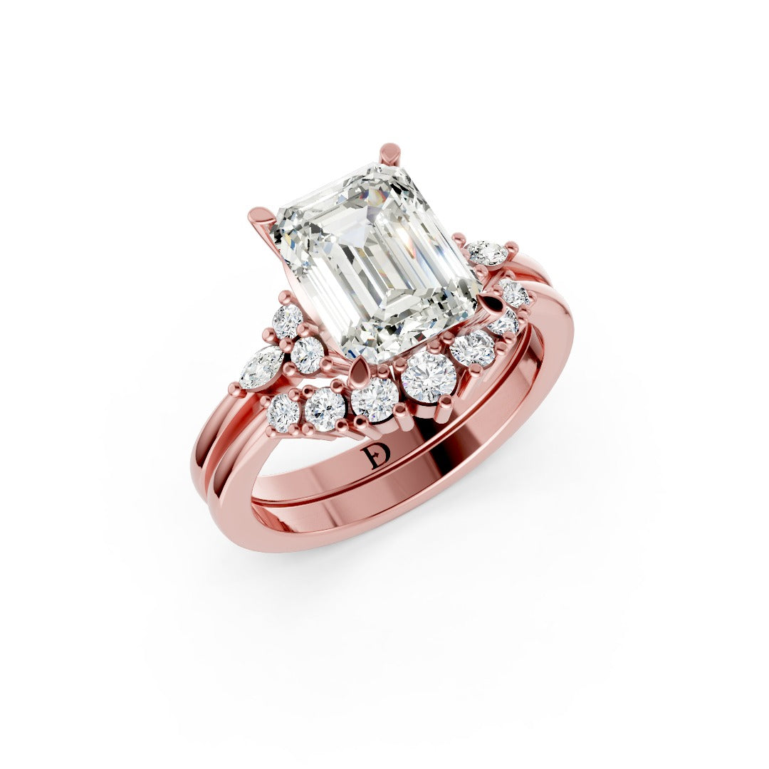 Classic Emerald Bridal Ring Set With Curved Wedding Band